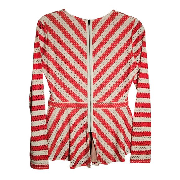 BCBGMAXAZRIA Red  White Long Sleeve Peplum Top Back Zipper Womans - Picture 2 of 12